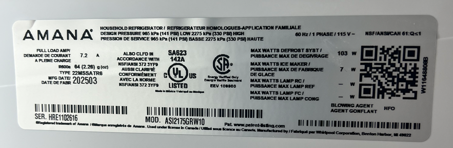 Amana refrigerator identification label located on the interior side wall of the fresh food compartment